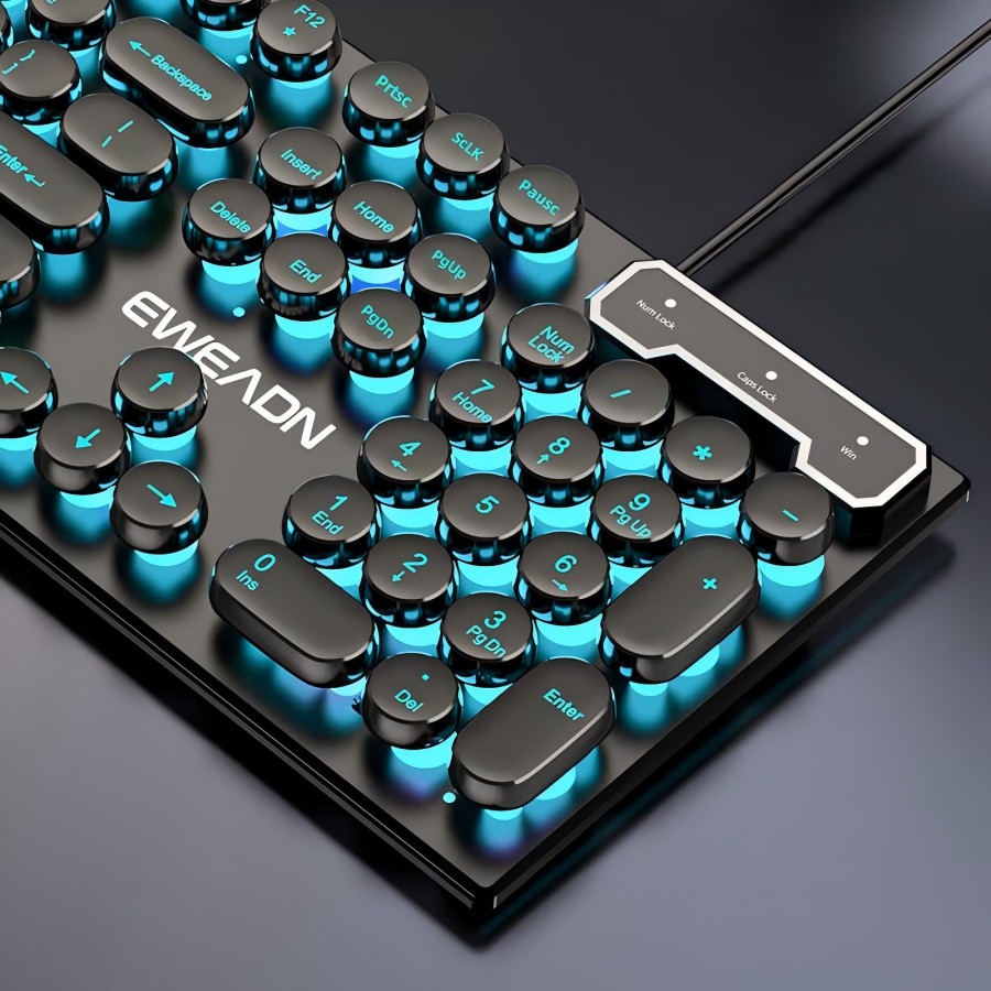 Gaming Keyboard Blue - EWEADN Schreibmaschinen-Gaming-Tastatur, 104-Tasten, runde Retro-Punk-Tastenkappen, blaue