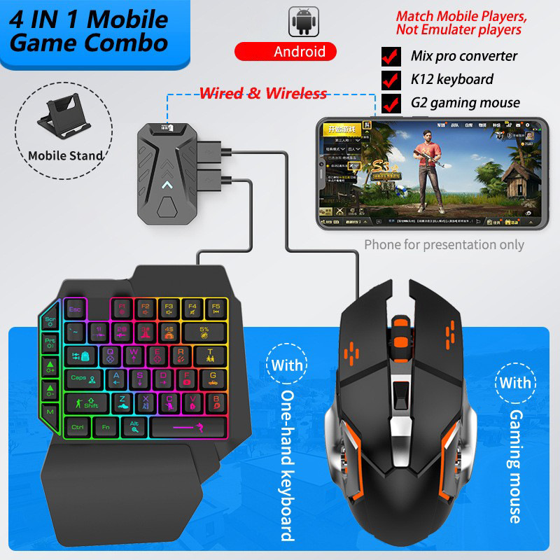 Gaming Keyboard Half - Handy-Spiele-Konverter, Gaming-Tastatur und Maus-Set, One-Hand-Gamer-Tastatur-Controller, Bluetooth,